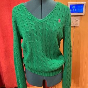 Green Polo Ralph Lauren Cable Knit V Neck Sweater